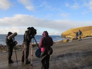 Tom Heap of BBC Country File interviewing Eileen Linklater at EMEC's wave test site in 2013
