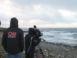 CNN filming at EMEC's wave test site. Aquamarine Power's Oyster 800 can be see operating in the background.
