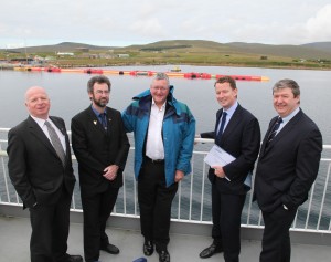 EMEC managing director Neil Kermode, convenor of Orkney Islands Council Steven Heddle, Scottish minister for energy, enterprise and tourism Fergus Ewing, UK energy and climate change minister Greg Barker, and Northern Isles MP Alistair Carmichael