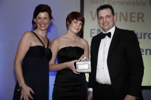Lisa MacKenzie accepting the Best Renewables Offshore Award for EMEC from James Mowat of MTDS and Nicky Marr