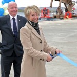 Hazel Stephen, Marine Services office manager, who has 36 years of service with Orkney Islands Council cutting the ribbon (credit K4 graphics)