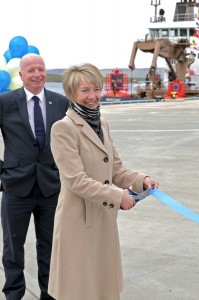 Hazel Stephen, Marine Services office manager, who has 36 years of service with Orkney Islands Council cutting the ribbon (credit K4 graphics)