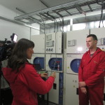 Jenny Hill interviewing Bryan Rendall in the EMEC substation at Billia Croo