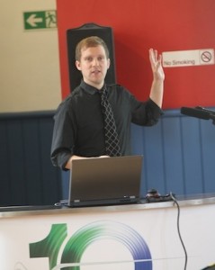 EMEC's Matthew Finn speaking at EMEC's Global Ocean Energy Symposium (Credit: Orkney Photographic)