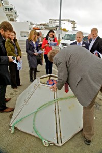 Viewing a current profiler at Hatston Pier, Orkney Ocean Energy Day 2014 (Credit Colin Keldie)