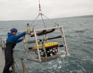 Roving Eye ROV is lowered into the sea off Orkney (credit Keith Bichan)