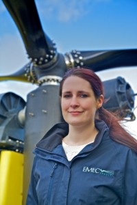 EMEC's Lisa MacKenzie alongside SME's PLATO platform and SCHOTTEL tidal turbine (Credit Colin Keldie)