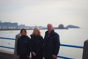 EMEC team at Qingdao seafront, December 2016. From l-r: Florence Ungaro, Eileen Linklater and Neil Kermode.