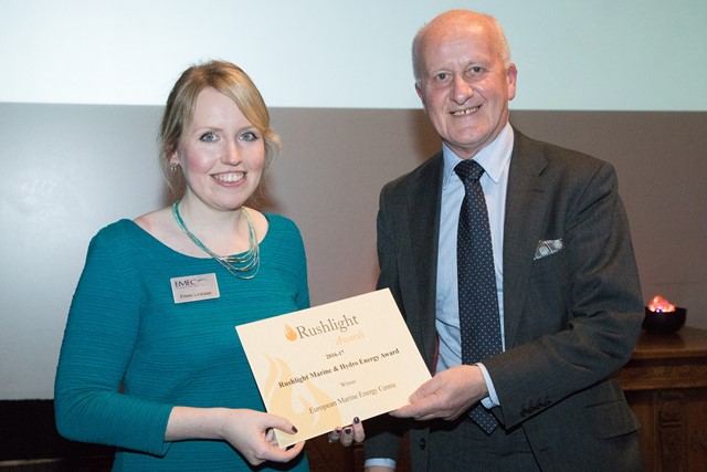 Professor John Loughhead, Chief Scientific Adviser, BEIS, presented EMEC's Eileen Linklater with the Marine and Hydro Energy Award (Credit: Barney Newman, courtesy of Eventure Media) 