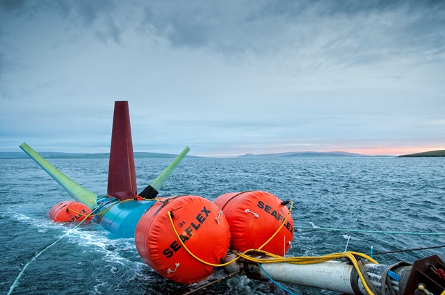 Deployment of Nautricity turbine at EMEC Shapinsay Sound test site (Credit Mike Brookes-Roper, courtesy of Nautricity)