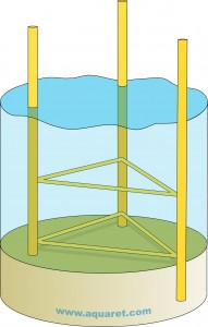 Piled steel jacket extending above the sea surface.