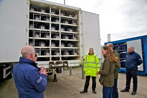 Jerry Gibson of EMEC provides Duke and Duchess a look inside EMEC mobile hydrogen storage unit (Credit Colin Keldie)