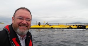 David Duguid MP viewing Orbital and Magallanes tidal turbines at EMEC tidal test site, Orkney (Credit EMEC)