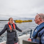 Neil Kermode of EMEC discussing ocean energy with Anne-Marie Trevelyan MP, UK Energy Minister, at EMEC tidal test site, August 2021 (Credit Colin Keldie)