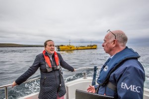 Neil Kermode of EMEC discussing ocean energy with Anne-Marie Trevelyan MP, UK Energy Minister, at EMEC tidal test site, August 2021 (Credit Colin Keldie)