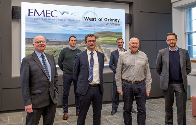 EMEC and West of Orkney Windfarm, pictured at EMEC in December 2021. Left to right: Neil Kermode, Managing Director, EMEC; Jack Farnham, Development Director, RIDG; Philippe de Cacqueray, Head of Offshore Wind UK, TotalEnergies; Liam McArthur, Orkney Islands MSP; Andrew Mill, Chair, EMEC; Mark Giulianotti, Head of Corporate Finance and Origination, Europe, Corio Generation.