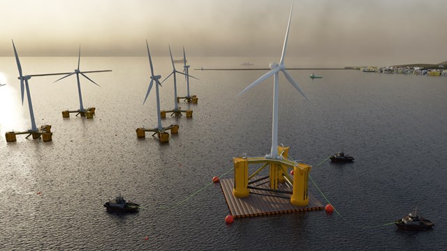 Illustration of floating offshore wind turbines, prior to deployment offshore.  Image courtesy of Blackfish Engineering, demonstrating innovative C-Dart and Tugdock solution for moving floaters and turbines from quay to marshalling area before being transported to offshore site.
