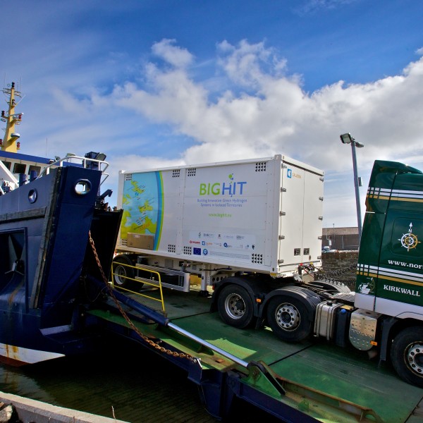 Hydrogen mobile storage unit coming off Shapinsay ferry (Credit Colin Keldie, courtesy of BIGHIT)